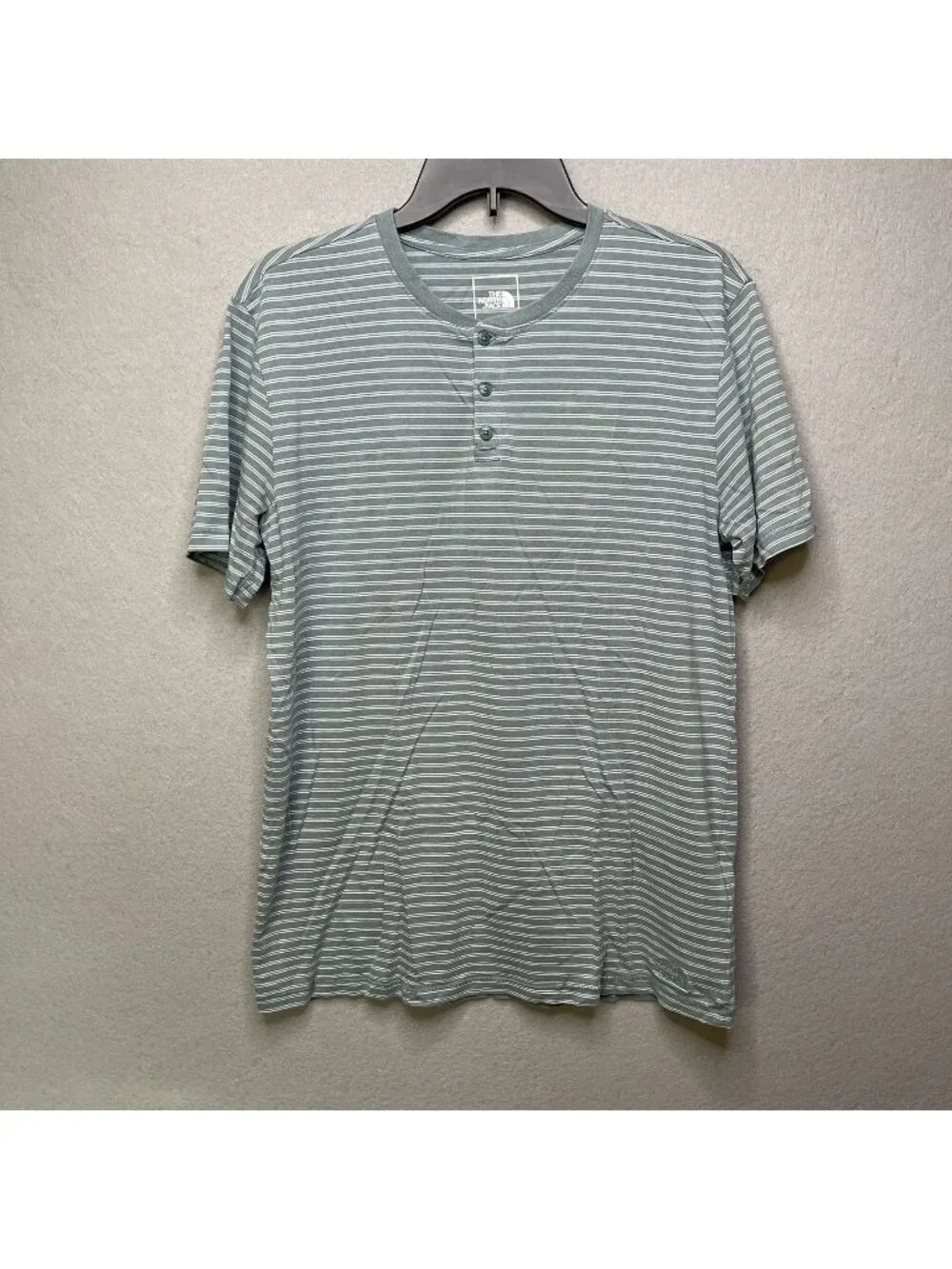 The North Face Mens M Striped Terrain Henley T-Shirt Cotton Blend Sage Green